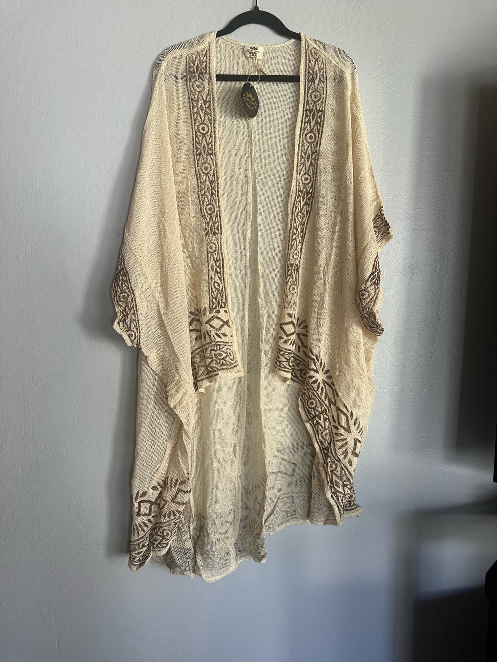 Boho Cream and Brown Embroidered Kimono Wrap - Unbranded